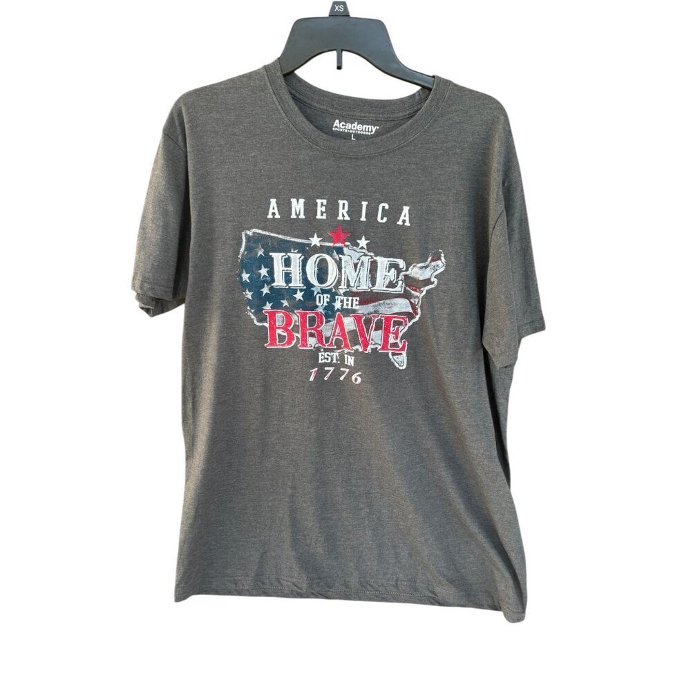 Mens America Home Of The Brave Graphic T-Shirt Size L Gray Short Sleeve Academy